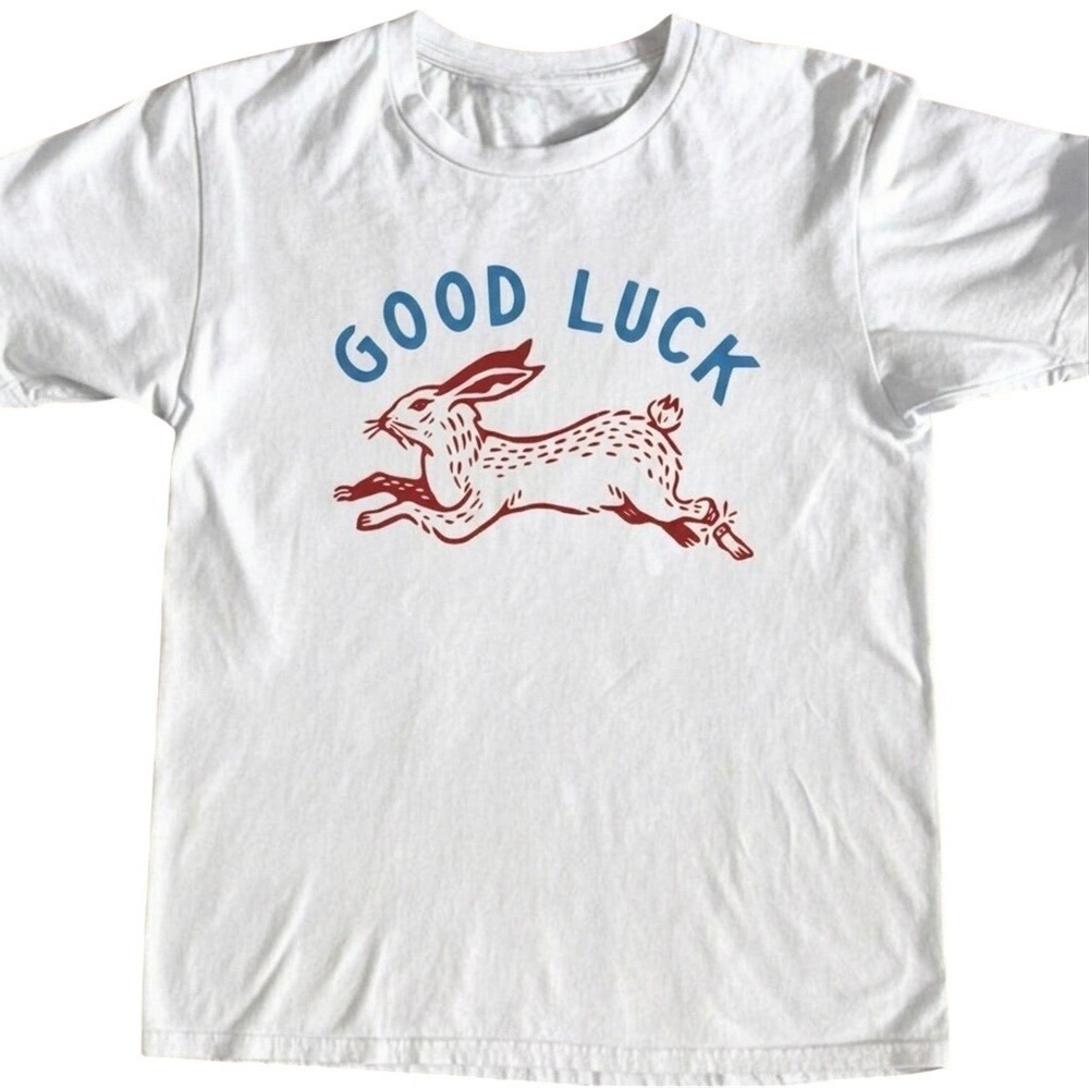 Gildan Good Luck Rabbit Graphic T-Shirt White Cotton Unisex Short Sleeve Tee